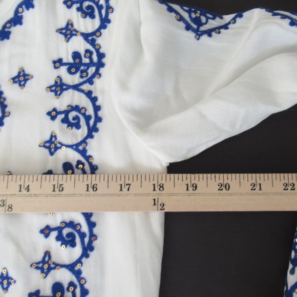 Lulus Womens Sz. S Long Sleeve Embroidered Tie Neck Boho Mini Dress White Blue - Picture 5 of 12